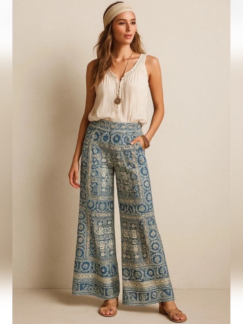 Anthropologie Feather Bone Pants Talese Wide Leg Palazzo Blue Boho Linen Size 4